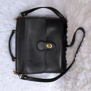 Vintage COACH Black Leather Satchel With Brass Turnlock And Hardware Accents